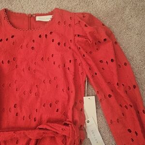 Happy X Nature LS Red Eyelet Puff Sleeve Dress Size 0 100% Cotton Casual NWT